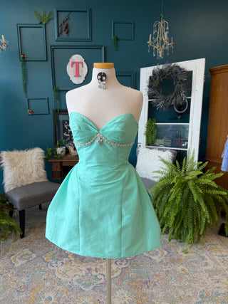 A mint green strapless tulle dress displayed on a mannequin torso in a styled room with teal walls, decorative frames, plants, and a chandelier.